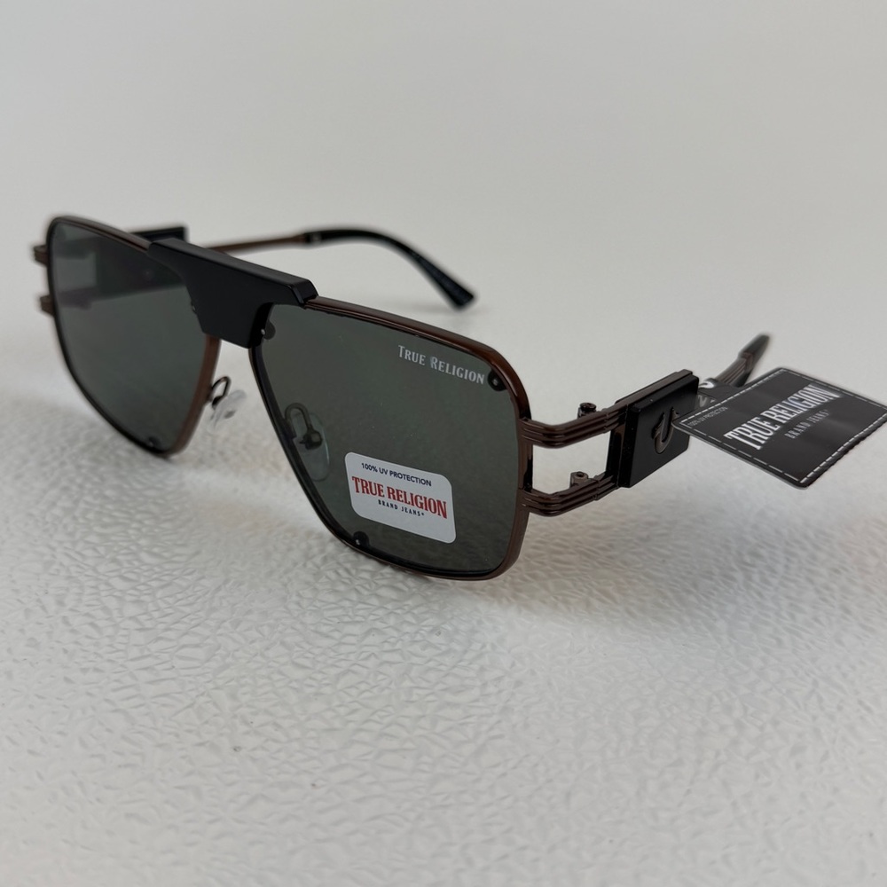 NWT True Religion Aviator Sunglasses Solid Lens Brown Frame Bold Hardware Unisex